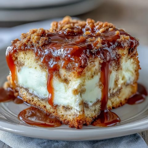Thick slice of Caramel Cream Cheese Bread showing the rich cream cheese center and sweet caramel ribbon.