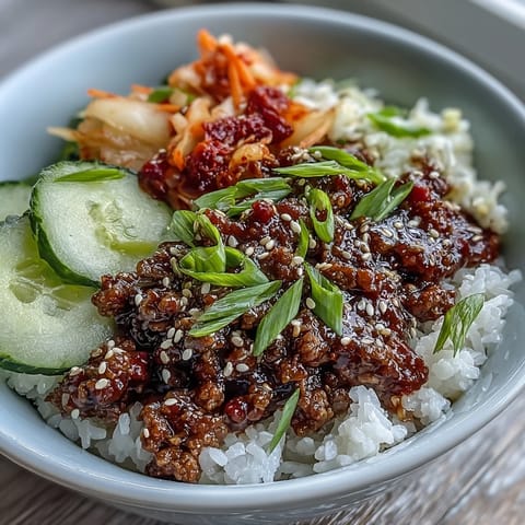 A vibrant Korean Beef Bowl with savory ground beef, tangy kimchi, and colorful pickled carrots and daikon radish, garnished with green onions and toasted sesame seeds.