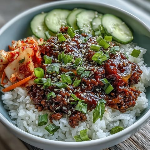 Close-up of a Korean Beef Bowl featuring seasoned ground beef in a spicy gochujang sauce, served over fluffy white rice and topped with pickled vegetables, crisp cucumber, and radish slices.