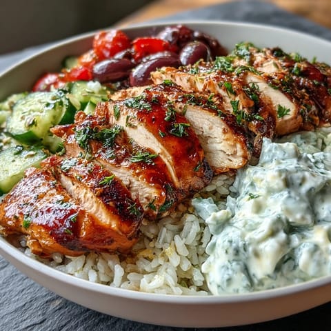 Freshly grilled Greek Chicken Bowl with juicy sliced chicken, fluffy herbed rice, and a colorful tomato-cucumber salad.