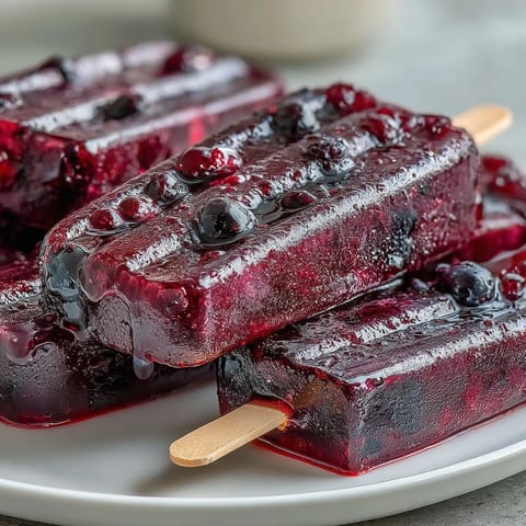 Homemade Black Currant Popsicles drip with deep purple syrup over a fresh blackcurrant garnish on a rustic wooden board.