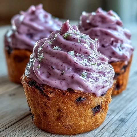 A plated stack of olive oil cupcakes topped with tangy black currant frosting and lemon zest.
