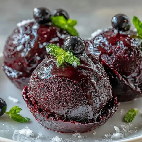 Scoops of homemade Black Currant Sorbet served on a chilled ceramic dish, garnished with a fresh sprig of mint for a vibrant finish.
