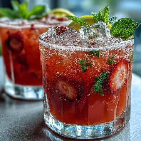 Refreshing strawberry lemon sparkling mocktail with vibrant red strawberries and bright citrus slices, perfect for spring celebrations.