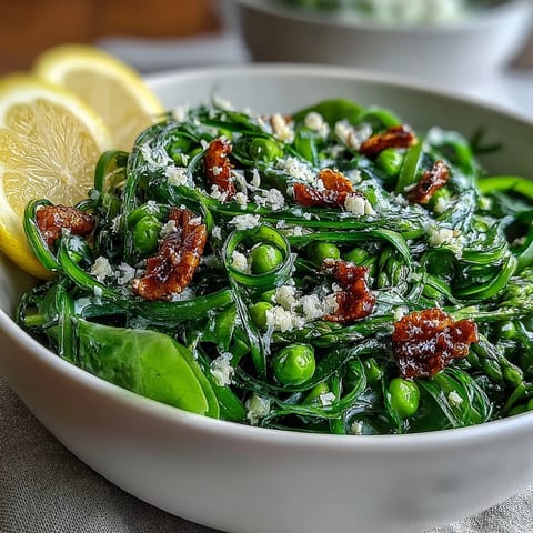 Shaved asparagus and pea salad with lemon dressing, a bright and crisp spring dish bursting with fresh flavors.  