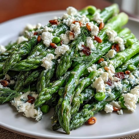 A vibrant asparagus and pea salad tossed with zesty lemon dressing, topped with Parmesan and toasted nuts.  