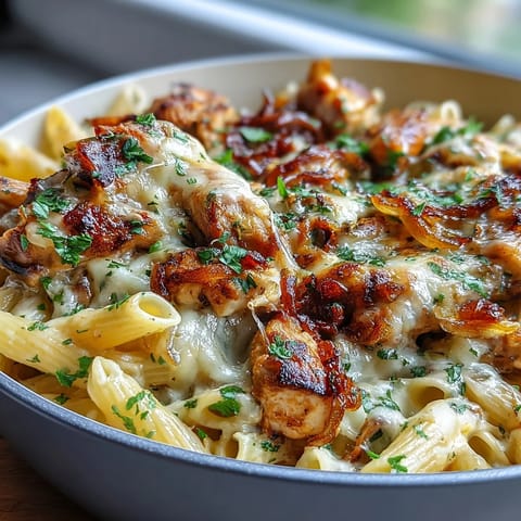 Savory one-pot French onion chicken pasta with tender chicken and caramelized onions, topped with melty Gruyère cheese.