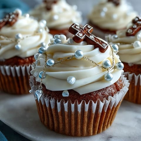 Mini First Communion Cupcakes with Rosary Fondant Toppers: Soft vanilla mini cupcakes topped with creamy buttercream and delicate fondant rosary toppers, ideal for sacred celebrations.