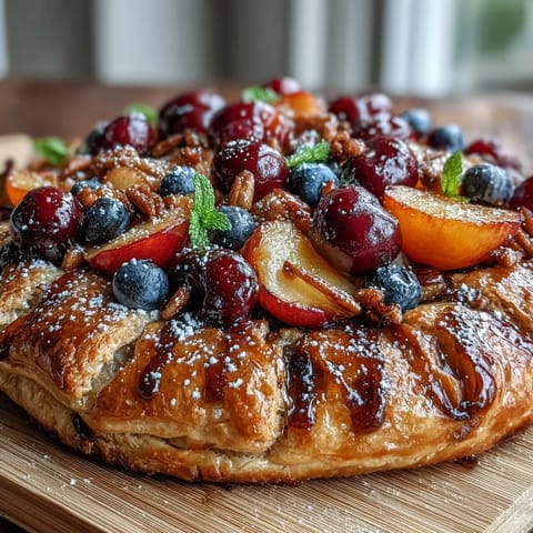 1. Rustic summer stone fruit galette with frangipane, featuring ripe peaches, plums, and cherries atop almond cream, all encased in a golden, flaky crust.  