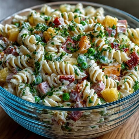 Colorful Hawaiian pasta salad with ham, pineapple, and creamy ranch dressing in a serving bowl.
