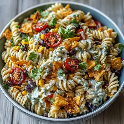 Colorful taco pasta salad with rotini, black beans, corn, and cheddar in a zesty lime dressing.