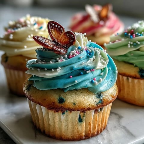 Delicate vanilla cupcakes topped with pastel buttercream and butterfly decorations, perfect for spring celebrations.