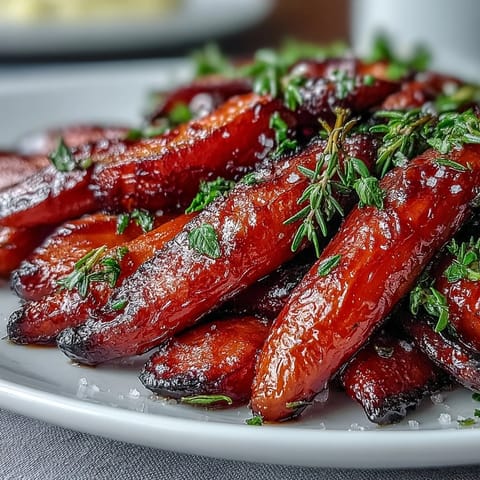 Golden honey-glazed roasted carrots with fresh thyme, caramelized to perfection for a sweet and savory Easter side dish.
