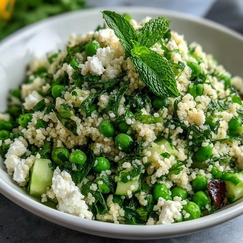 A vibrant bowl of Spring Pea and Mint Couscous Salad garnished with fresh herbs and lemon, ready to serve.