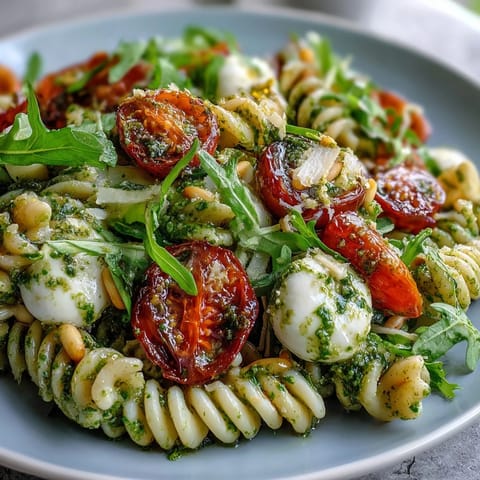 Colorful summer pasta salad with pesto, cherry tomatoes, and mozzarella, served in a white bowl with fresh basil garnish.  