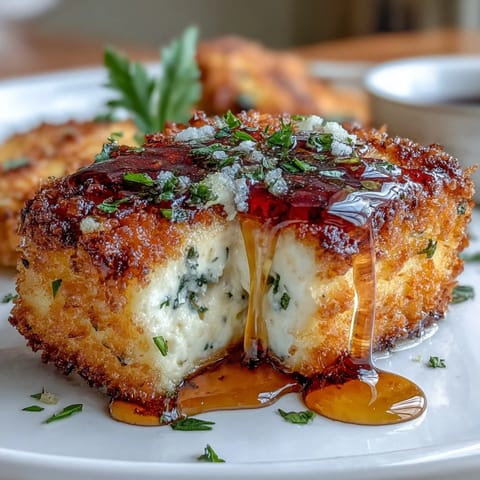 Golden crispy breaded feta drizzled with honey and fresh herbs.