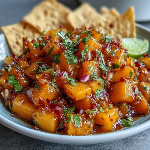 Vibrant mango habanero salsa with diced mango, red onion, and a hint of spice.