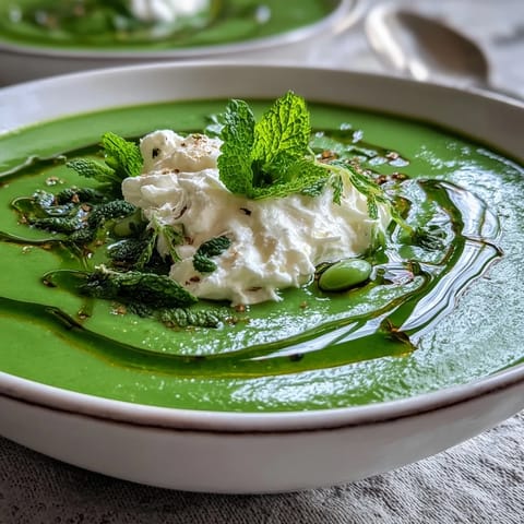 Bright green spring pea soup topped with dollops of fluffy ricotta, invitingly fresh.