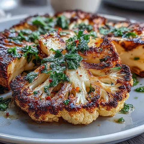 Smoky BBQ Cauliflower Steaks topped with fresh chimichurri, perfect for grilling.