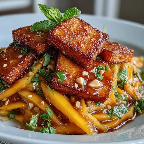 Vibrant Thai Mango Salad overflowing with crispy tofu and creamy peanut sauce.