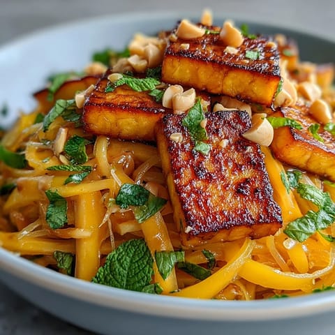 A refreshing salad bowl with juicy mango, crunchy tofu, and zesty peanut dressing.
