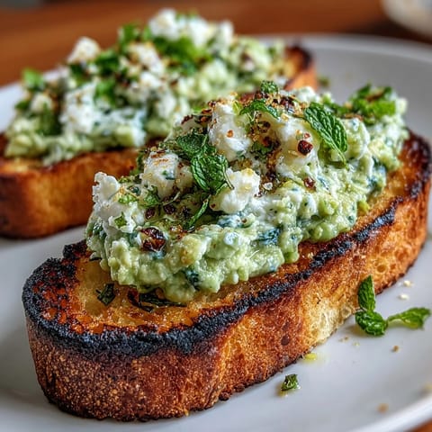 Vibrant fava bean and mint bruschetta atop smoky grilled sourdough toast.