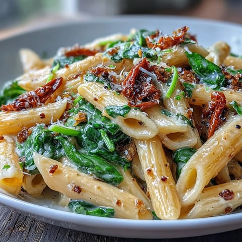 Creamy One-Pot Tuscan Pasta brimming with spinach and sun-dried tomatoes.