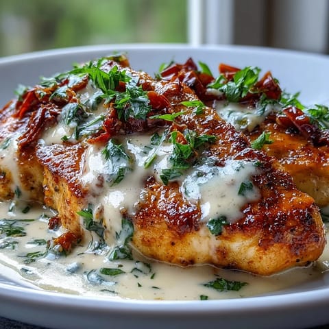 Marry Me Chicken in rich, creamy sun-dried tomato sauce, topped with fresh herbs.