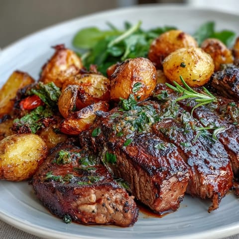 Golden brown Father's Day Steak and Potato Sheet Pan Dinner ready to serve.