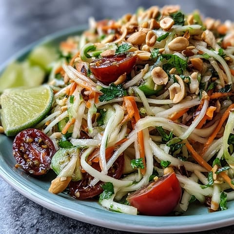 Vibrant Thai Papaya Salad with Peanuts, a refreshing dish bursting with lime.
