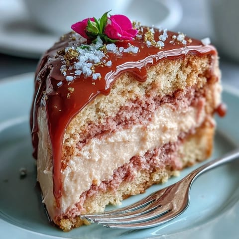 Close-up of Bridal Shower Rosé Velvet Cake, showcasing moist crumb and glossy gold accent.