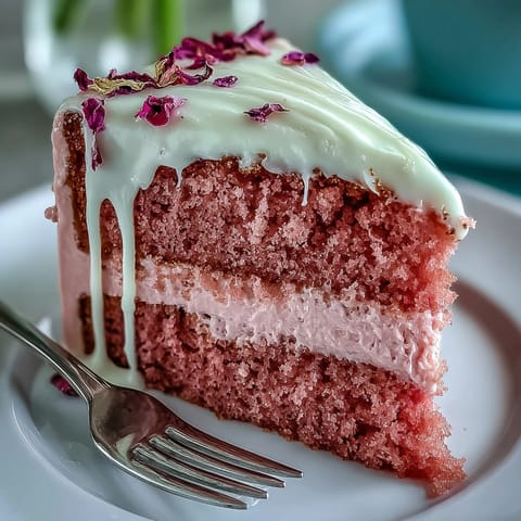 Moist rosé-infused Bridal Shower Velvet Cake with luscious cream cheese frosting and gold accents.