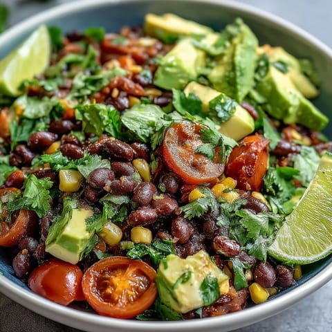 Vibrant Plant-Based Taco Bowl showcasing seasoned black beans and fresh salsa.