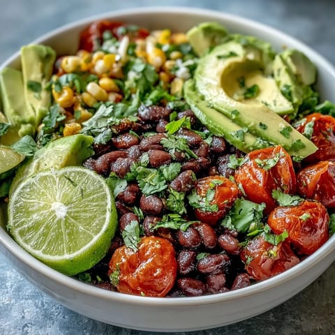 A colorful Plant-Based Taco Bowl ready to be enjoyed with lime wedges.