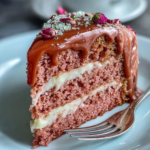 Rosé Velvet Cake with elegant gold drip, a pale pink dessert perfect for celebrations.