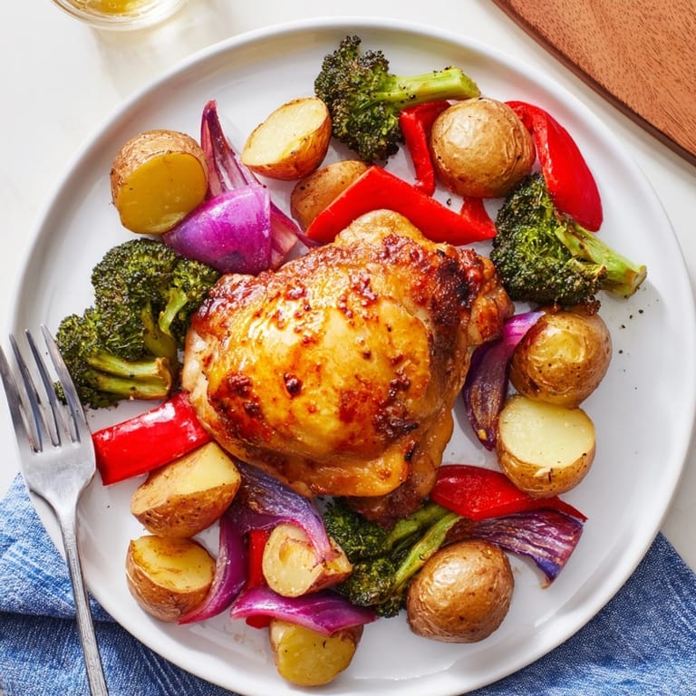 Crispy honey lemon roasted chicken sheet pan with tender potatoes, broccoli, and bell peppers for a family dinner.