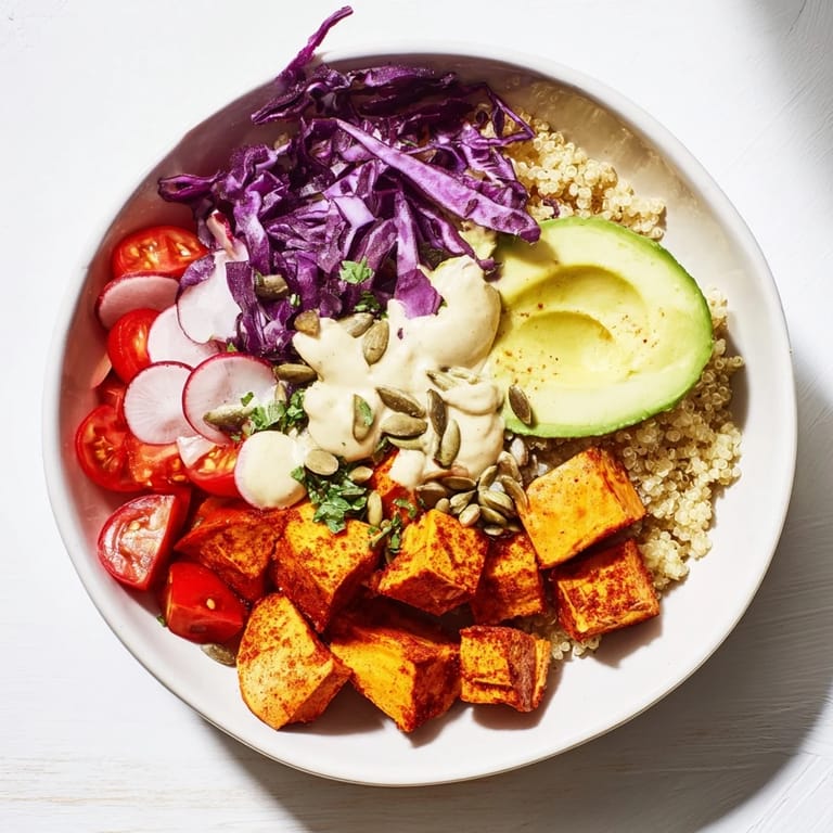 Flavorful Complete Veggie Bowls, showcasing roasted sweet potatoes and creamy tahini dressing over quinoa.