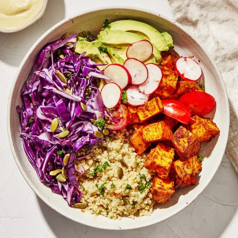 A Complete Veggie Bowl featuring all the vibrant textures, from fluffy quinoa to fresh, crunchy veggies.