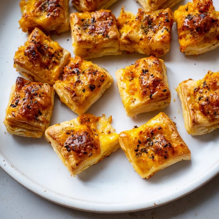 These savory cheese and spice puff pastry bites are baked until golden brown and look absolutely delicious.