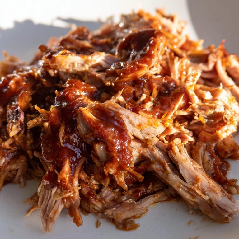 Close-up of a beautifully shredded 5-Ingredient BBQ Pulled Pork, glistening from the flavorful barbecue sauce.
