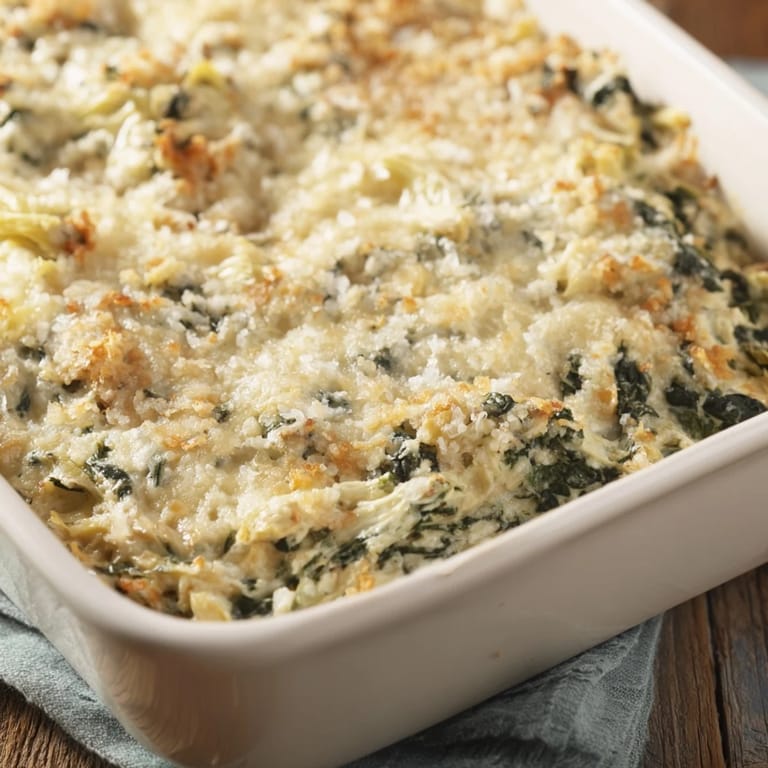 A warm, creamy bowl of Warm Spinach and Artichoke Dip, perfect for a cozy gathering of friends.