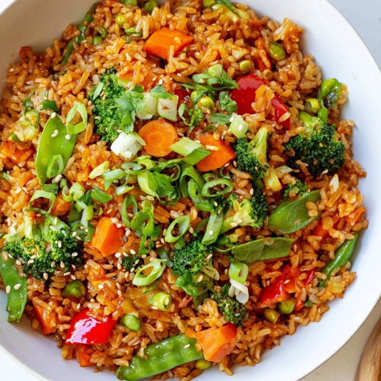 A beautiful bowl of Crispy Vegetable Fried Rice, aromatic with sesame oil and garnished with green onions and cilantro.