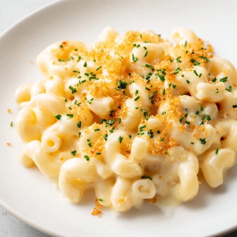 Close-up of velvety, golden stove-top mac and cheese, rich and cheesy, perfect for dinner.