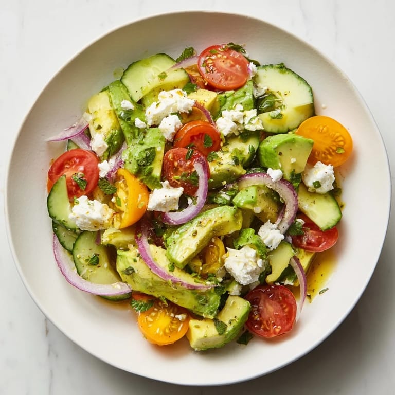 A delicious Fresh Cucumber, Tomato, and Avocado Salad drizzled with lemon vinaigrette, ready to enjoy.