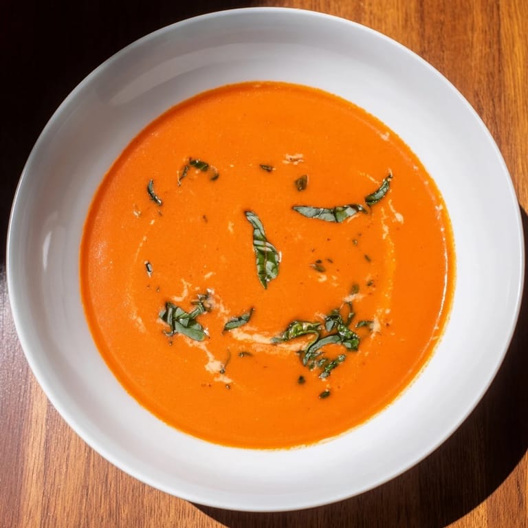 Homemade Comfort Soup: rich tomato base with fragrant basil, ready to be served hot with crusty bread.