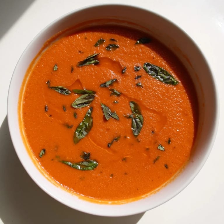 Enjoy a steaming bowl of Comfort Soup: vibrant red tomato and basil soup perfect for a chilly day.