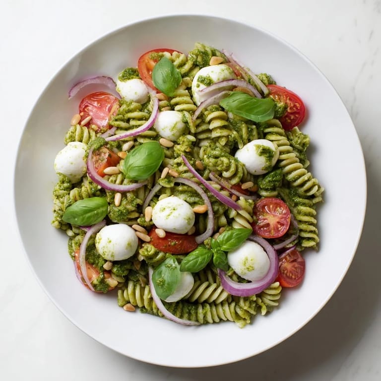 This chilled cold pasta salad with pesto delivers fresh basil flavor and juicy tomatoes.