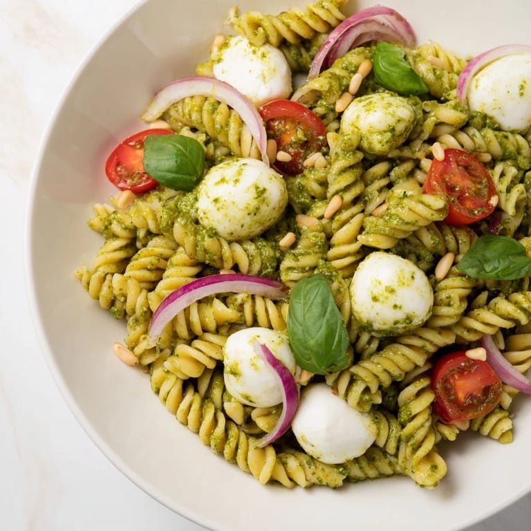 A colorful bowl displays this Italian cold pasta salad; ready for a picnic lunch.