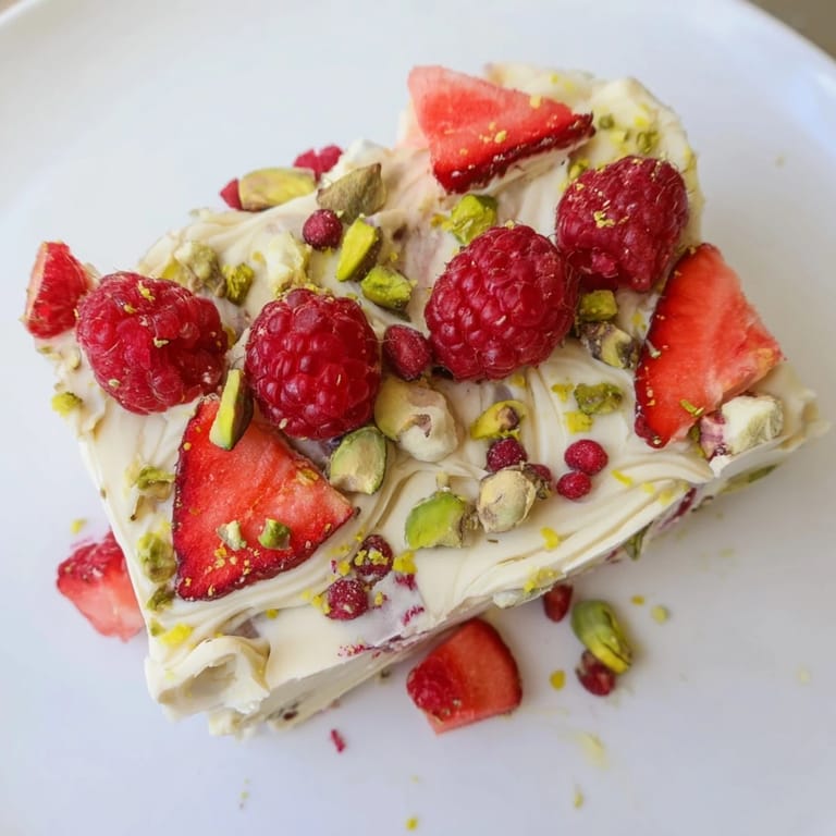 This photo shows a close-up of colorful Frozen Yogurt Bark, bursting with juicy red berries on a white background.