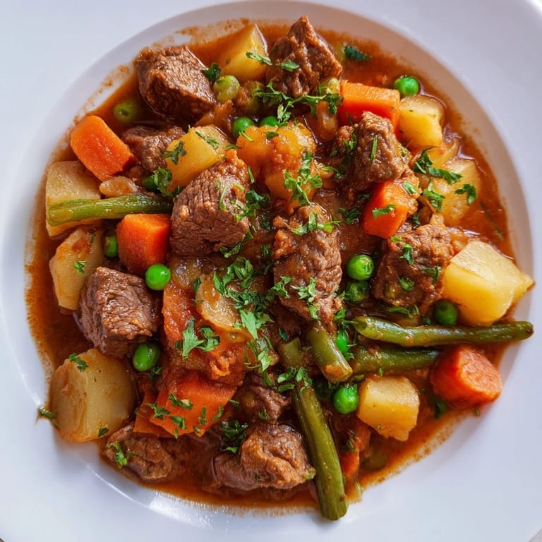 Thick, rich Beef and Vegetable Stew simmering with a medley of garden vegetables like carrots.